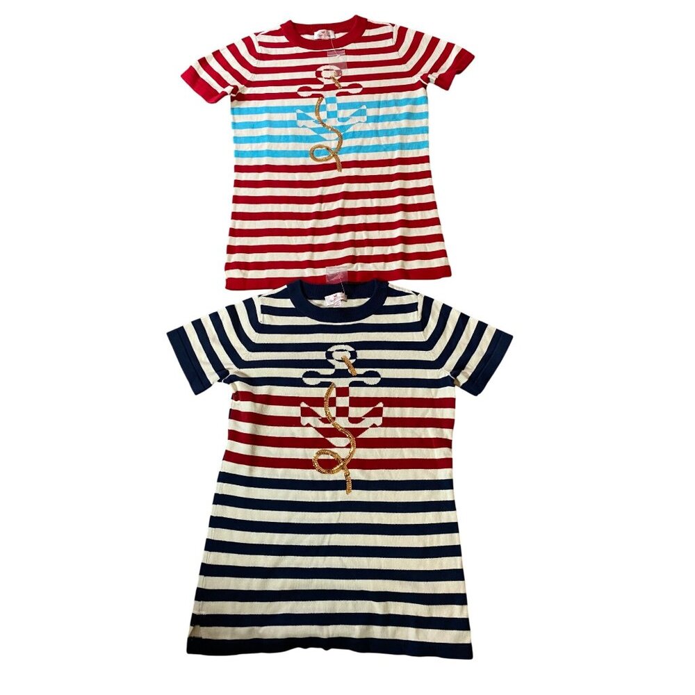 Quacker Factory Nautical Striped Knit Tunics Red & Navy Anchor Design XXS